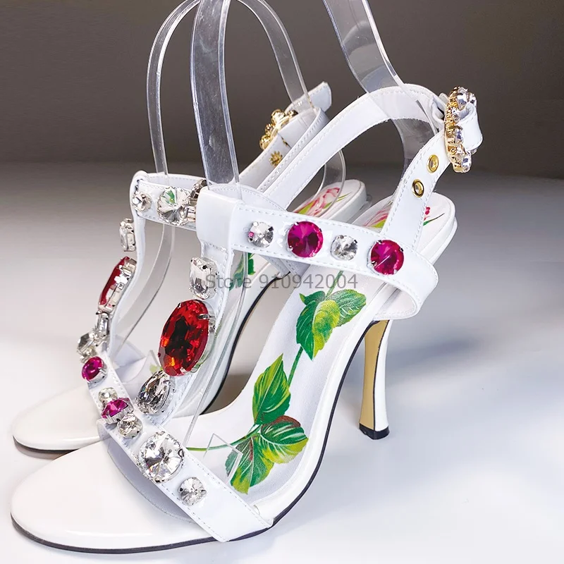

Women Sandals Crystal Beaded Shoes Summer Woman Open Toe Thin Heels Ladies T Strap Dress Soes Fashion Female Slippers New