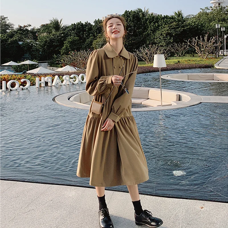 

Женское платье ранней осени, новинка 2021, платье цвета хаки с длинным рукавом и кукольным воротником, женское платье на весну и осень, яркое ж...