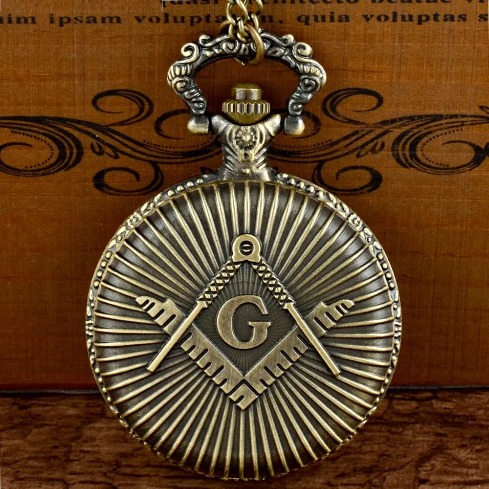 

Vintage Bronze Masonic Quartz Pocket Watch Chains Antique Men Women Pendant Necklace Clock Gift