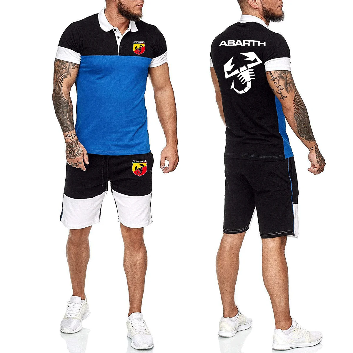 

2021 New Summer Men's Abarth Car Logo Patchwork Lapel Polo Shirt + Shorts 2 Pieces Sets Casual Sports Suit