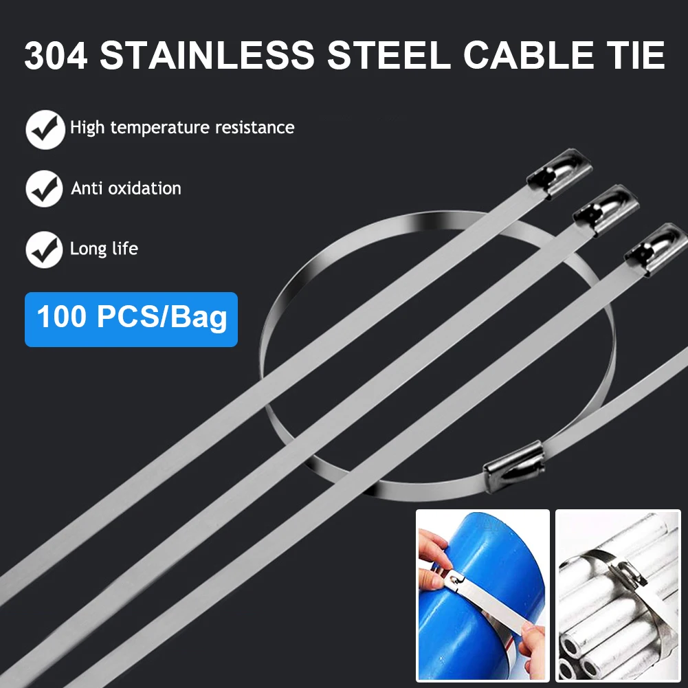 

100PCS Exhaust Wrap Self-Locking Cable Ties Stainless Steel Cable Twist Ties Locking Metal Zip-Exhaust Wrap 4.6mm*100/250mm