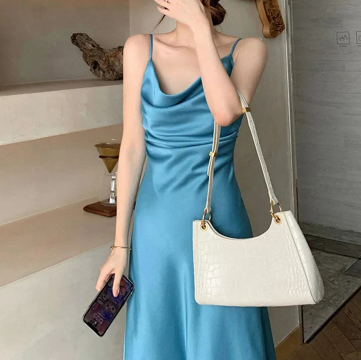 

Blue Swing Collar Acetate Satin Sling Dress Women's Summer Satin High-Sense Long Spring Autumn vestido de mujer