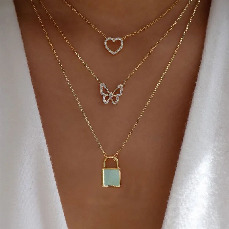 

Fashion Punk Heart Lock Star Butterfly Short Long Chain Necklace For Women Jewelry Gold Color Round Pearl Choker Party Girl Gift