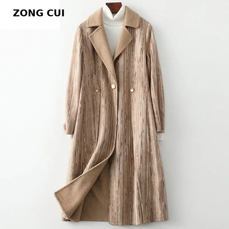 

Vintage Elegant Long Wool Coat Women Winter Ladies Turn Down Collar Print Loose Single Button Office Lady Double Sided Wool Coat