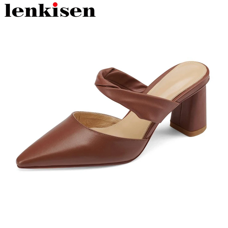 

Lenkisen genuine leather shallow high heels pointed toe vacation beauty girls dropship summer shoes slip on women sandals L51