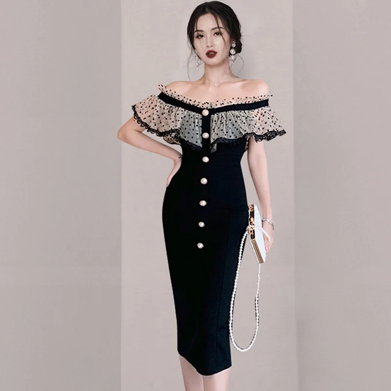 

2022 New Summer Elegant Slash Neck Ruffle Sleeves Pencil Dress Women Work Korean Slim Single-breasted Bodycon Long Party Dresses