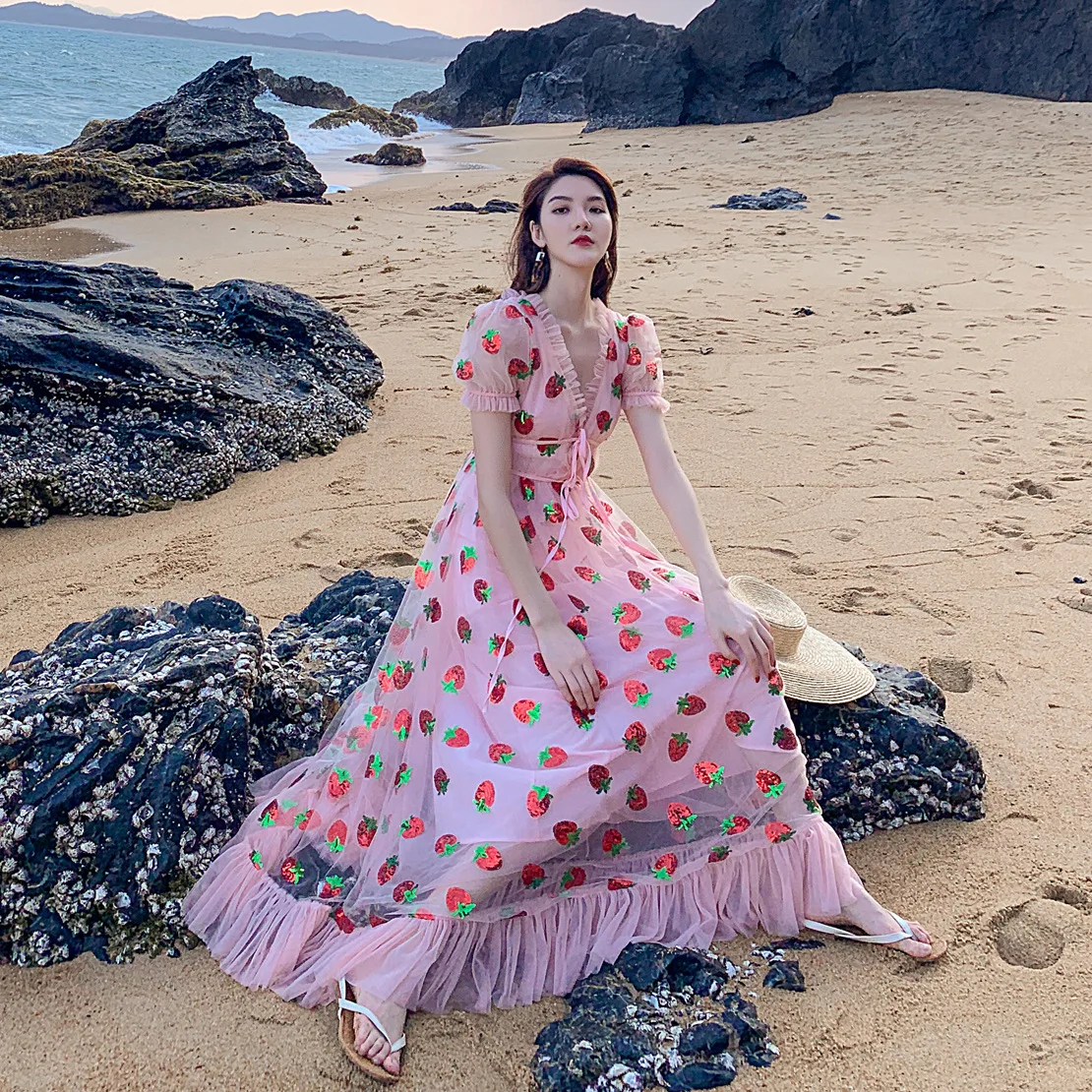 

Deep V Thin Sand Lace Strawberry Puff Sleeve Long Skirt Holiday Embroidered Dress K015
