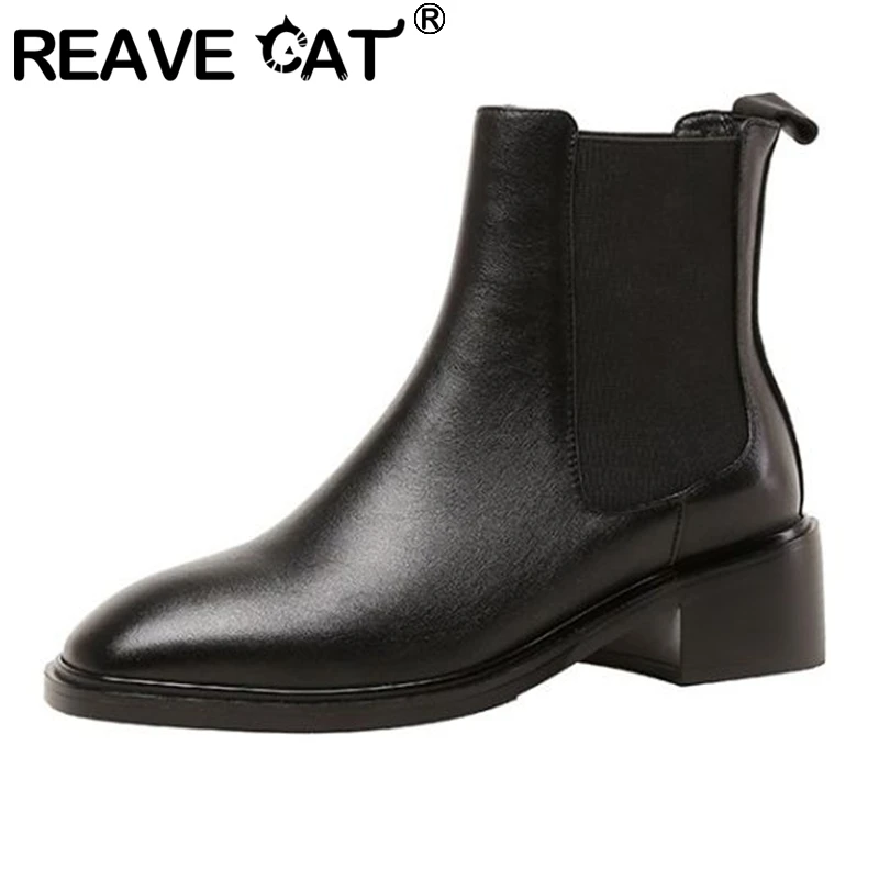 

REAVE CAT 2021 New Chelsea Ankle Boots Full Grain Leather Ladies Square Toe Chunky Heel Slip-on Solid Size 33-42 Autumn S2632