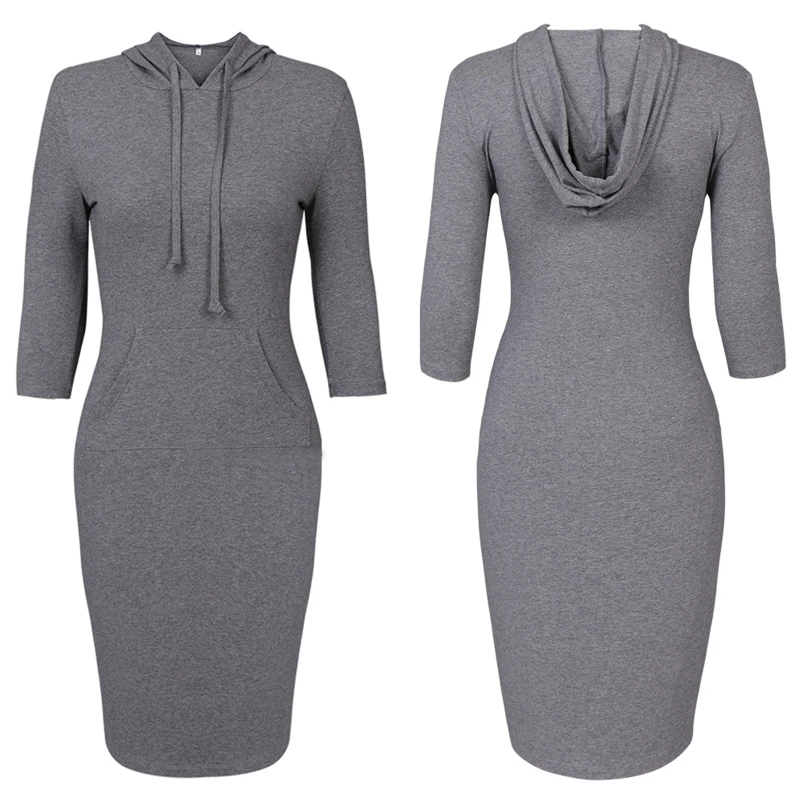 Женское платье с рукавом 3/4 однотонное средней длины капюшоном карманом-кенгуру
