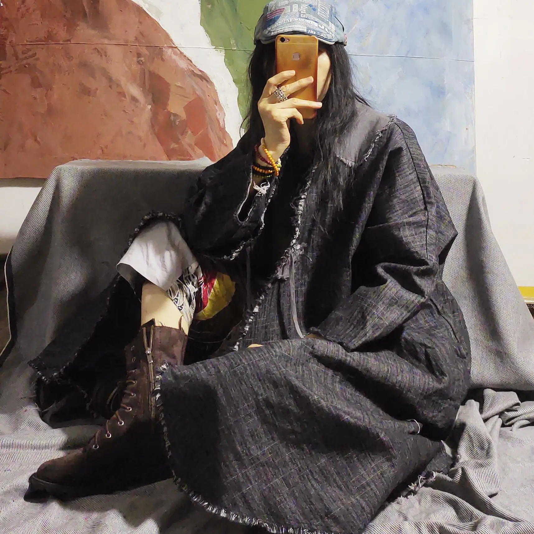 Женский рваный джинсовый тренчкот длинное пальто в стиле ретро с вышивкой