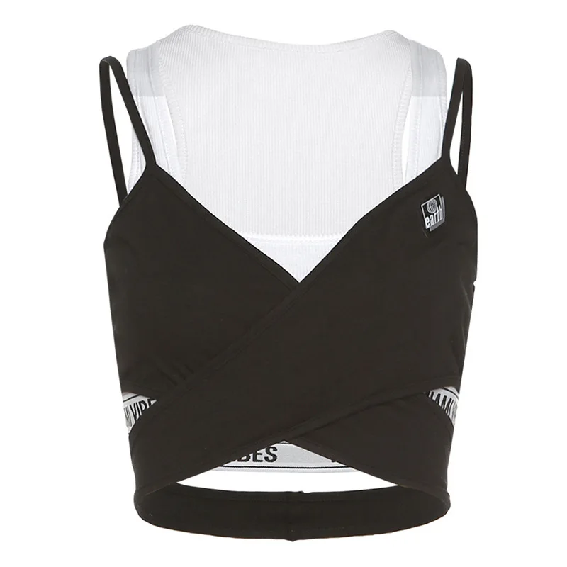 

XIYUU Summer Camis Cross Camissole Crop Top Sexy Women Patchwork Basic Fake 2 Pieces Sleeveless Short Tank Top Streetwear