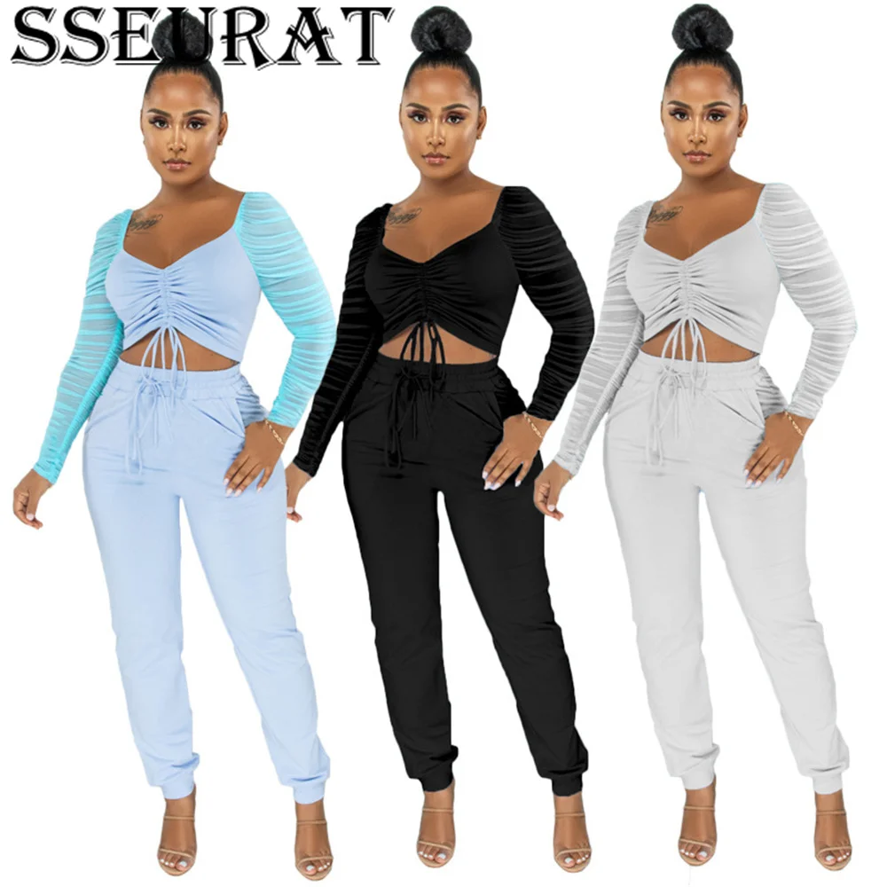 

SSEURAT Women 2021 Autumn And Winter New Fashion Sexy Suit Mesh Long Sleeve Breast Trousers Casual Two Piece Sets