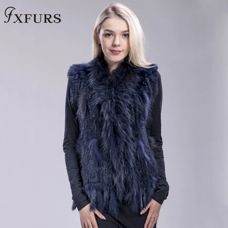 FXFURS из натурального кроличьего меха; вязаная жилетка; куртка из искусственного меха, красочные кролика, енота меховая вязаная жилетка 16 Цвета - Цвет: dark blue