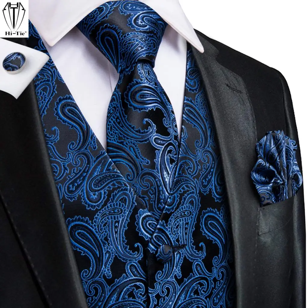 

Hi-Tie 100% Silk Men's Vests Navy Blue Paisley 4PC Waistcoat Necktie Hanky Cufflinks Set Slim Waist Jacket for Business Formal