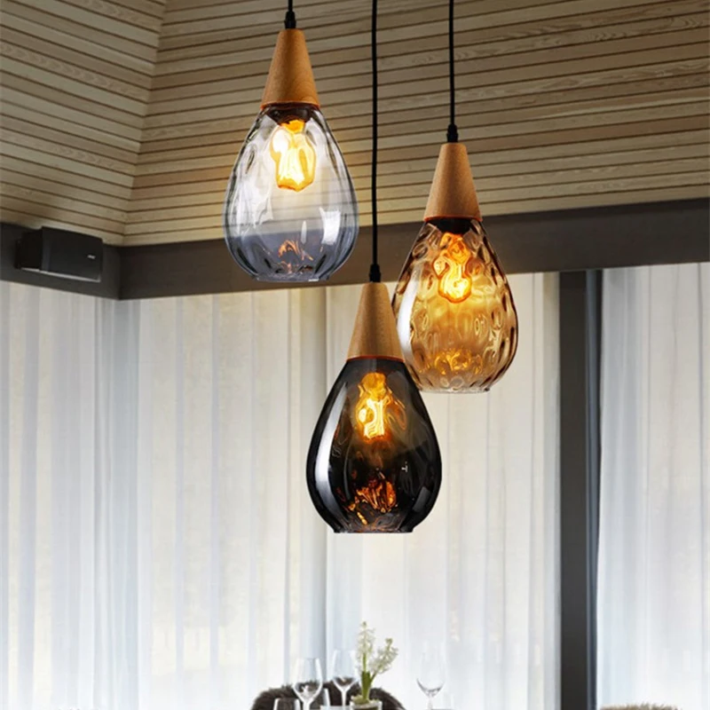 

Modern LED Pendant Lights Water Drop Glass Lamp Shade Wood Loft Pendant Lamp for Loft Kitchen Island Cafe Bar Dining Room