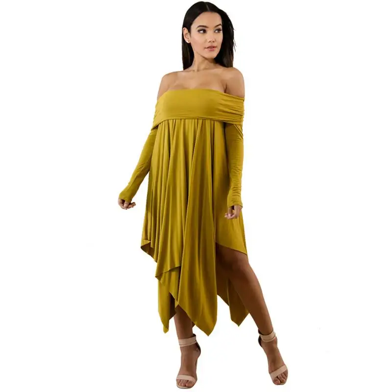 

Women Sexy Dress Strapless Slash Neck Off Shoulder Ruffled Irregular Hem Long Sleeve Loose Mid -Calf Elegant Party Ladies