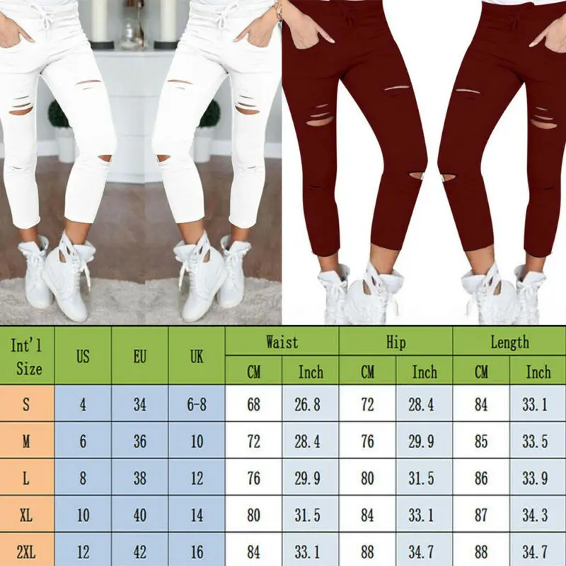 

2020 Cargo Pants Women Fashion Slim High Waisted Stretchy Skinny Broken Hole Pencil Pants Solid Color Streetwear Trousers Womens