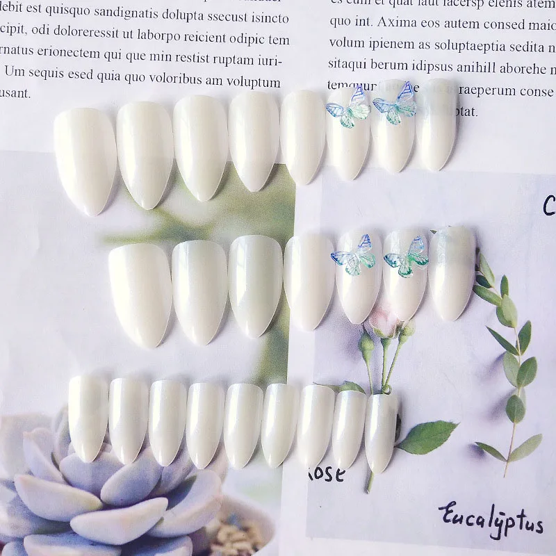 

24pcs Aesthetic Milk White Color Aurora Butterfly Decor Fairy Temperament Long Style Waterproof Detachable Fake Nails TN
