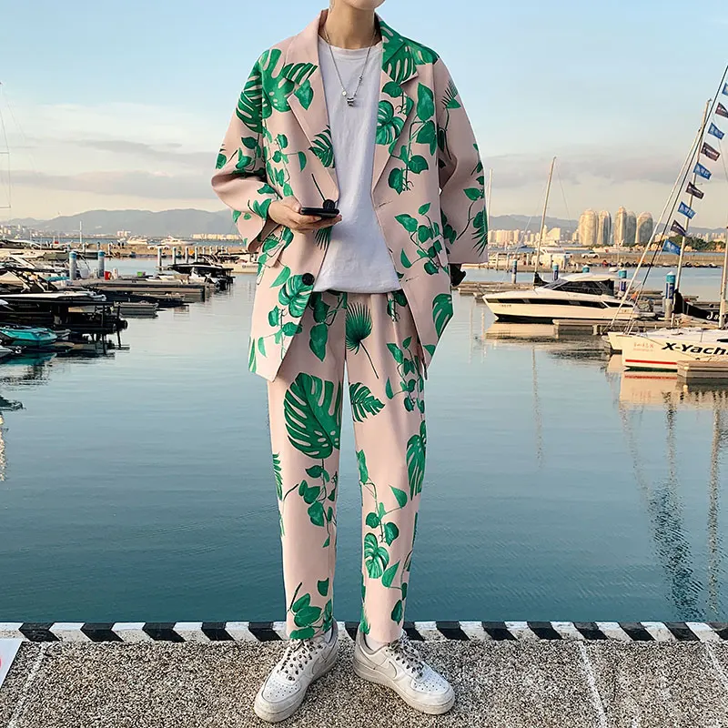 

Fashion 2021 Men's Suit Three-quarter Sleeves Jacket Elastic Waist Ankle-length Pants Printing Streetwear Clothing Oversize Sets