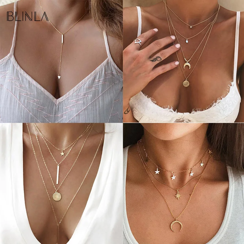 

BLINLA Vintage Bohemian Multilayer Crystal Moon Pendant Necklaces For Women 2019 Fashion Gold Geometric Necklaces Party Jewelry