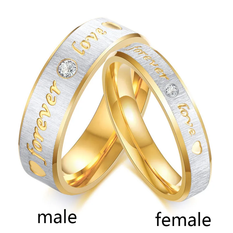 

Fashion Forever Love Couples Wedding Ring Golden Stainless Steel Engraved Heart Engagement Promise Band for Him and Her