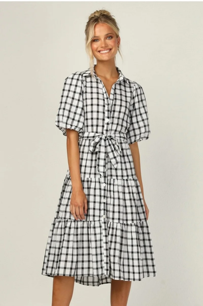 

Mandylandy Women Elegant Summer Plaid Ruffle Dress Ladies Sexy Short Sleeve Turn Down Collar Single Breasted Dress