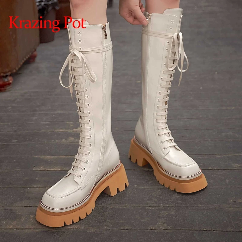 

krazing pot cow leather square toe high heels platform Motorcycle boots punk style cross-tied young lady thigh high boots L28