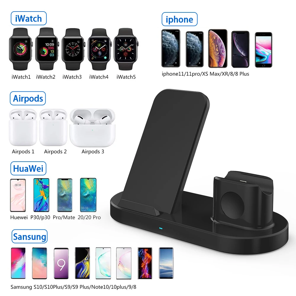 Base de carga inal&aacute;mbrica 3 en 1 para iPhone 13, 12, 11 Pro Max, Airpods, iWatch, estaci&oacute;n de carga r&aacute;pida para Samsung S21, S20, Ultra, Huawei-5