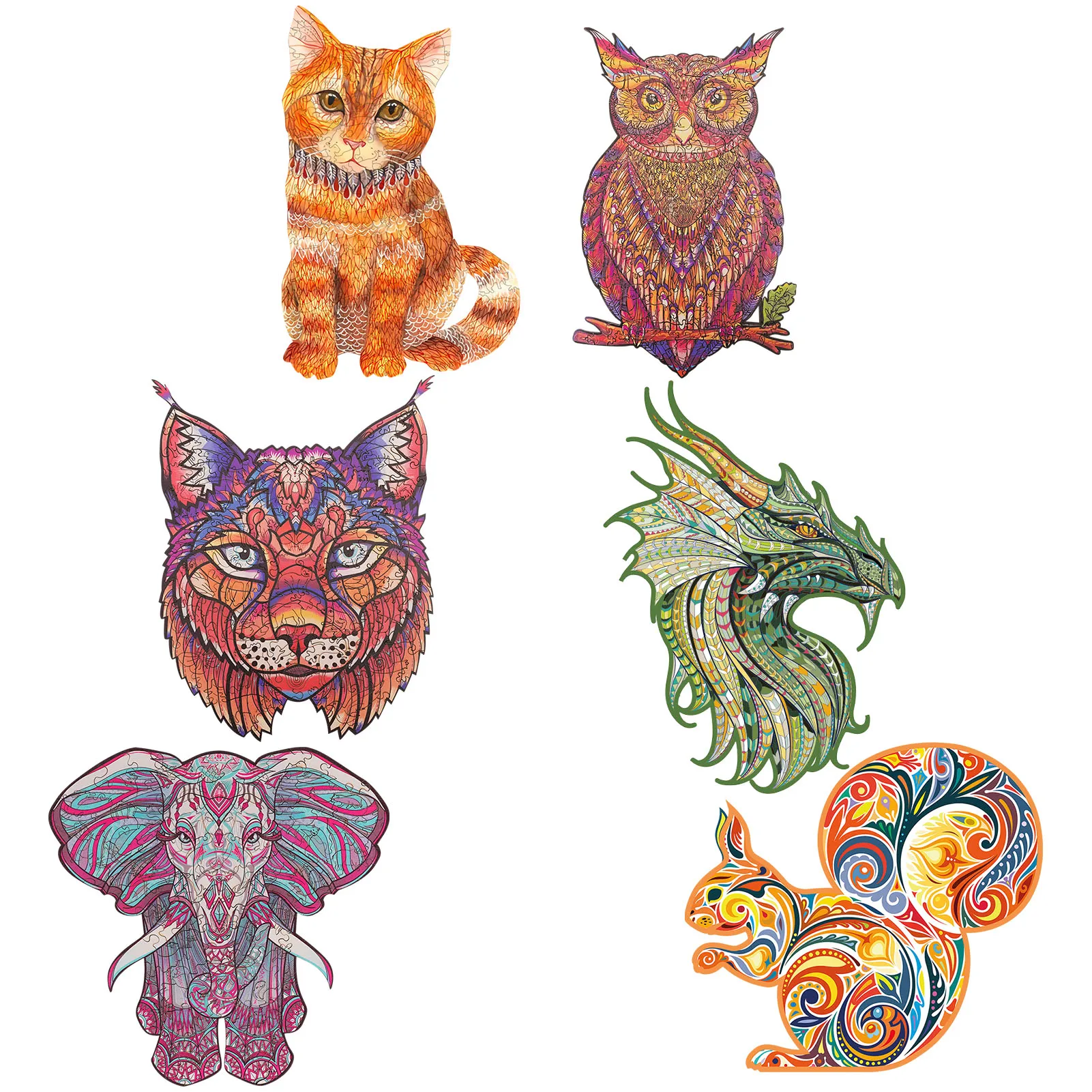 

Colorful Wooden Puzzle Blocks, Irregular Shape Animal Puzzles Blue Dragon Elephant Squirrel Lynx Owl