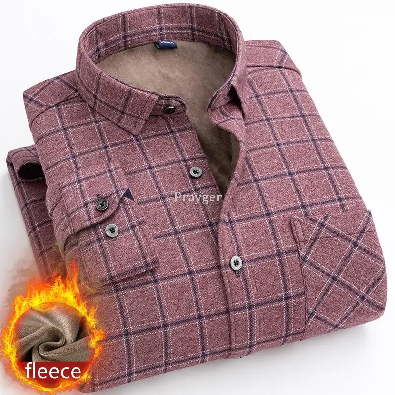 Men Winter Thermal Shirts Warm Fleece Underwear Plaid Flannel Social Thick Tops Long Sleeves Clothes