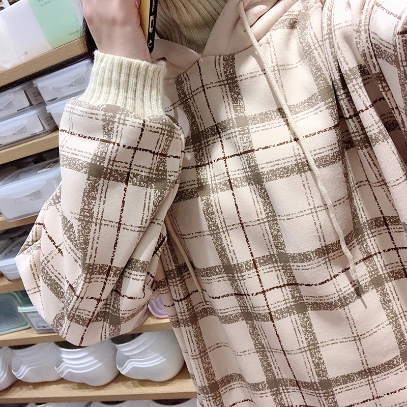 Harajuku флисовые кофты Женские клетчатые водолазки толстовки женские с длинным рукавом Повседневные Большие размеры пуловер с капюшоном одежда толстовка