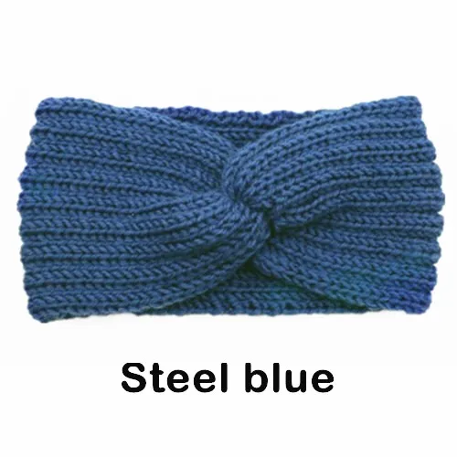 Steel blue Зимняя теплая вязаная повязка на голову для женщин, шерстяная повязка на голову с вязаным узлом, тюрбан, повязка на голову для ушей, теплые повязки на голову, женские аксессуары для волос - Цвет: Steel blue