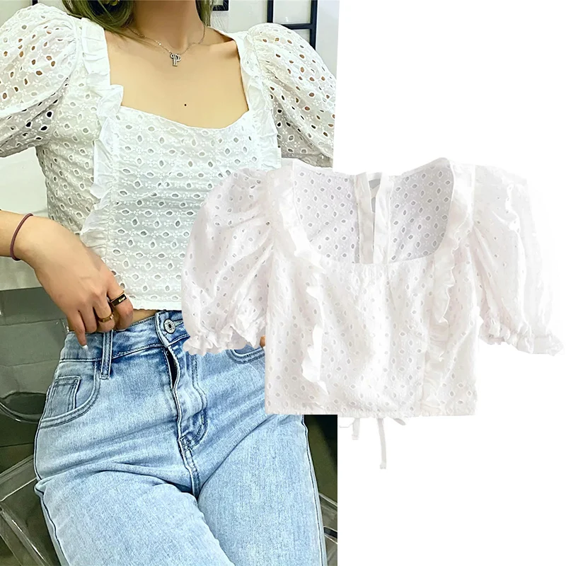 

WESAY JESI 2021 Summer New Women's Tops Solid Color Puff Sleeve Square Collar Tight-fitting Shirt Fashion Retro Temperament Top