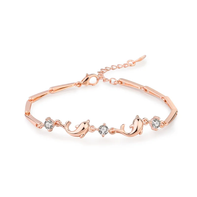 

Korea Cute Rose Gold Plated Crystal Dolphin Bracelet Bangle AAA Cubic Zirconia Chain Bracelet Daily Jewelry Lover's Gift