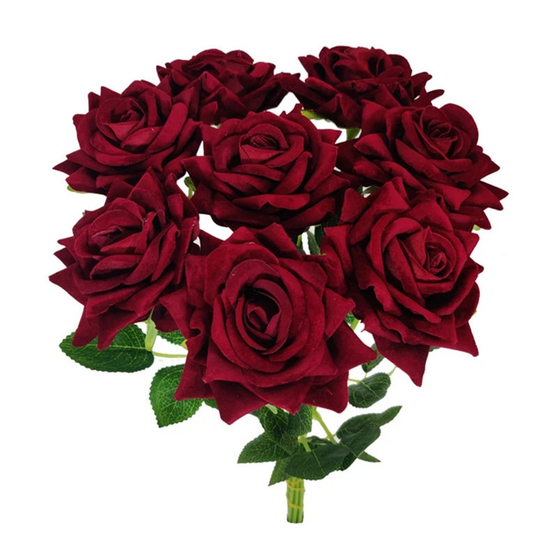 

Fake Rose Single Rose Flower Simulation Red Rose Faux Plants Fake Flowers DIY Home Garden Wedding Party Decor, 9 Pcs