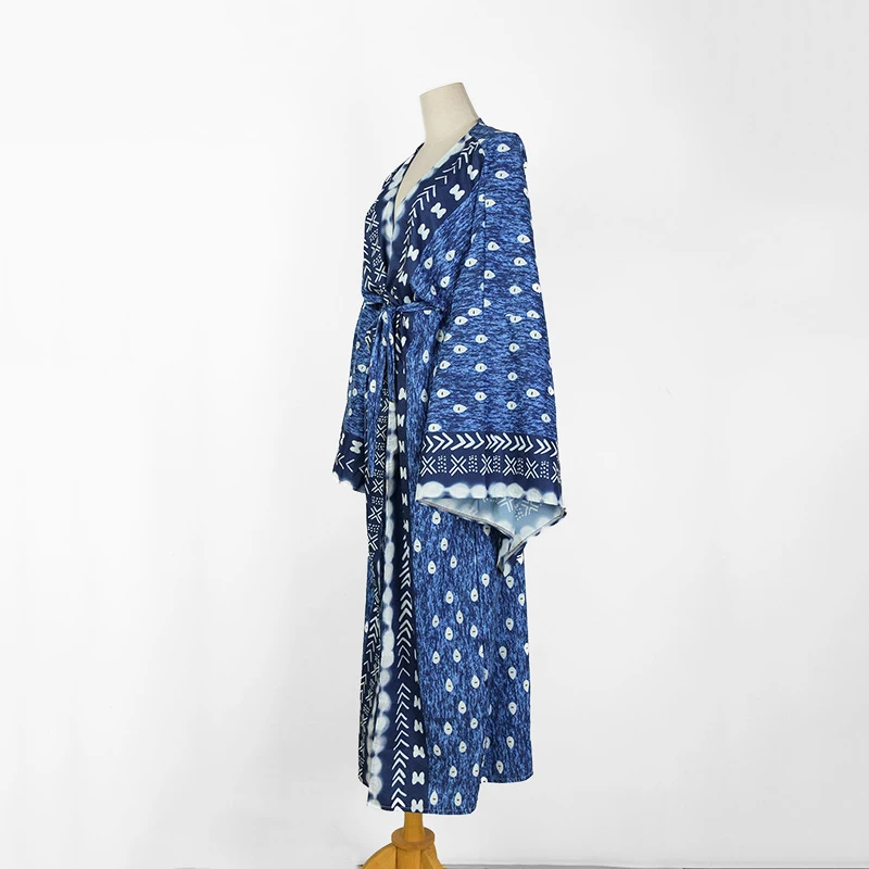 

V Neck Blue Dot Print Swimwear Bikini Cover Ups Sashes Summer Beach Bathing Robe Long Cardigan For Women