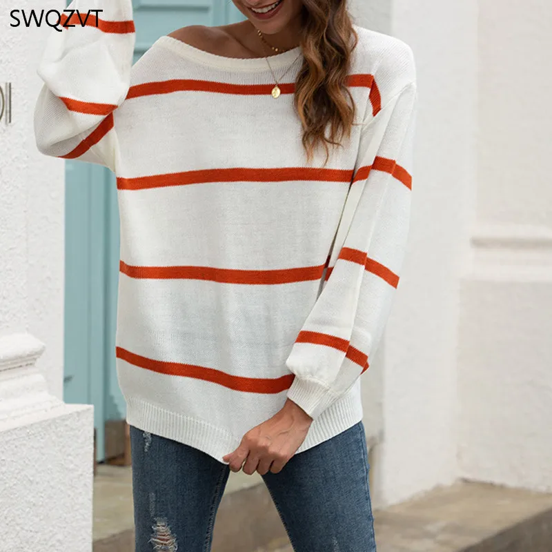 Новые женские свитера SWQZVT Женский пуловер в полоску с круглым вырезом и