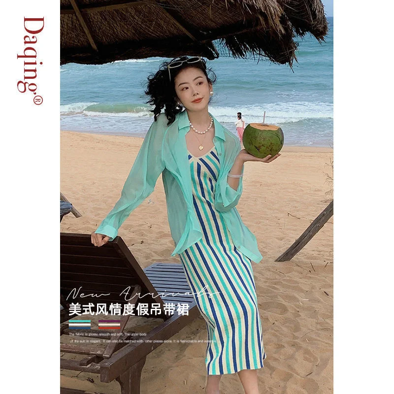 

Женское трикотажное платье-комбинация без рукавов, длинное винтажное облегающее пляжное платье макси в полоску с принтом, лето 2021