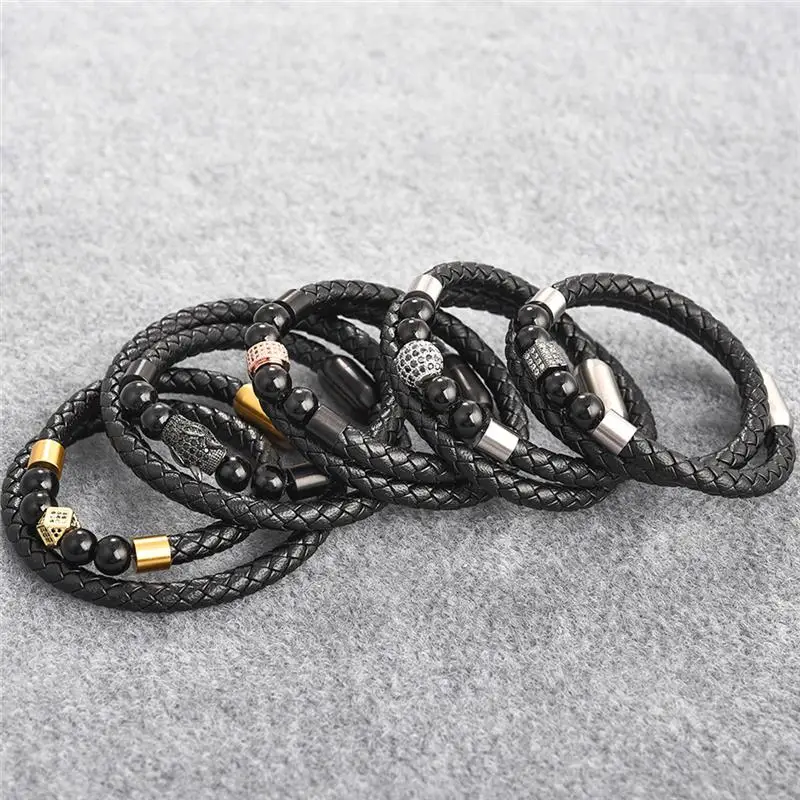 Jiayiqi хип-хоп кожаный браслет для мужчин и женщин 8 мм натуральный камень Бусины обёрточная Бумага браслет из нержавеющей стали мегнетик застежка ювелирные изделия подарок