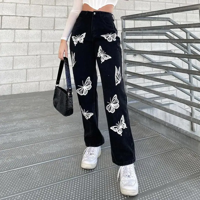 

Women Jeans High Waist baggy Butterfly print y2k Gift belt Denim Trousers Washed Fashion Sexy Slim Pants Oversize streetwear
