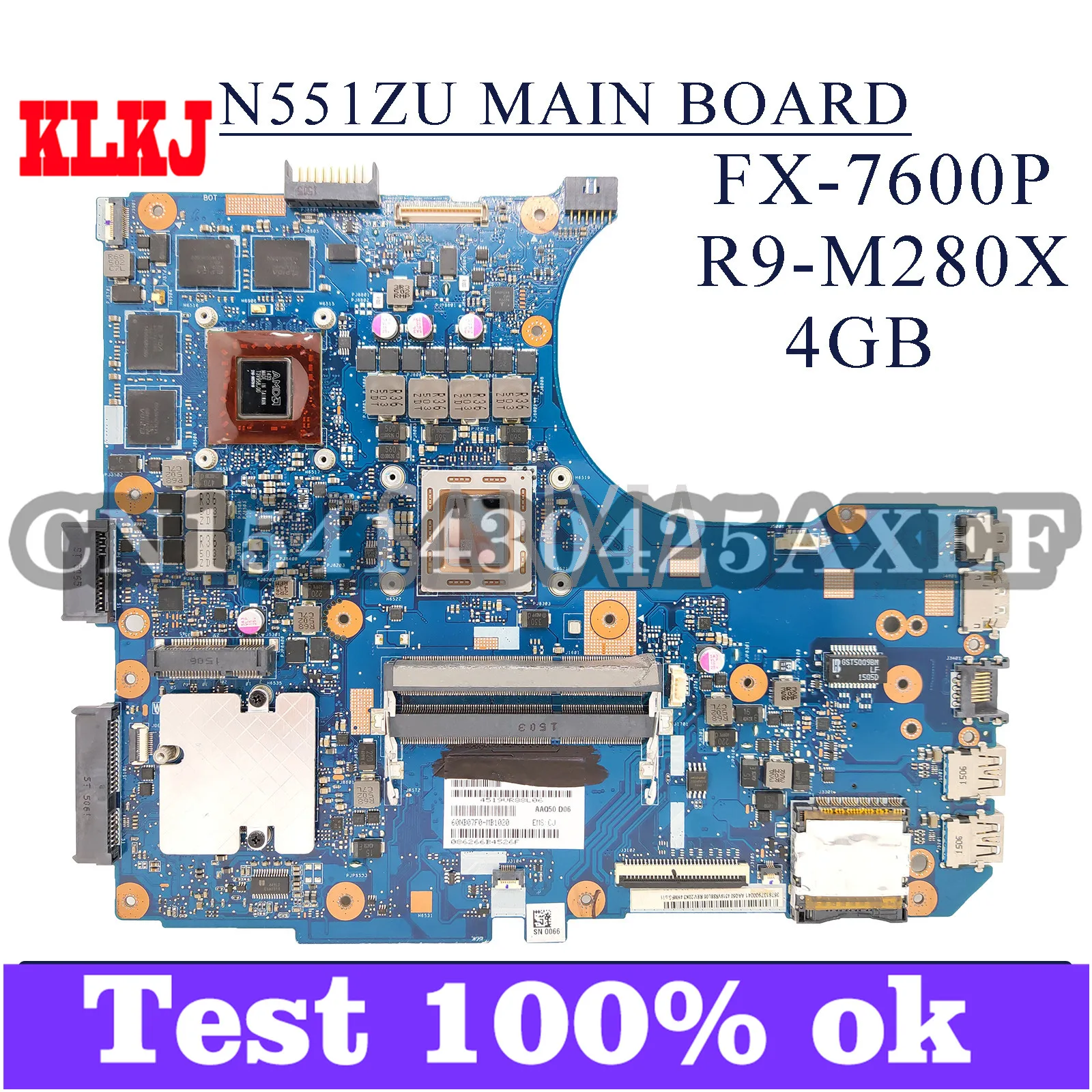 

KLKJ N551ZU Laptop Motherboard For ASUS N551ZU N551Z Original Mainboard FX7600P R9-M280X 4GB
