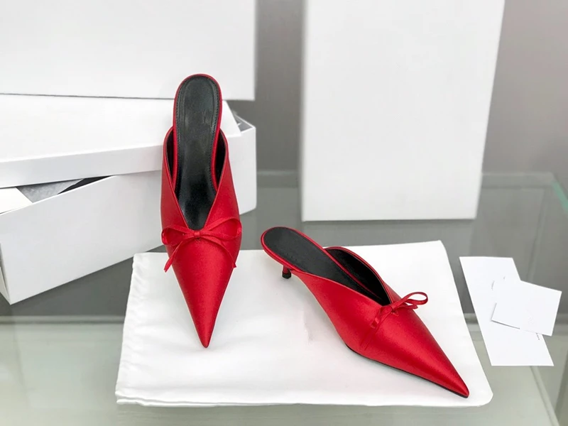 

Bowknot Summer Woman Slippers Silk Satin Pointed Toe Rhinestone Crystal Cup Heeled High Heels Mules Slip On Ladies Slides Shoes