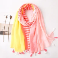 spain luxury brand yellow pink striped line tassel viscose shawl scarf ladies fashion soft headband pashminas stole muslim hijab