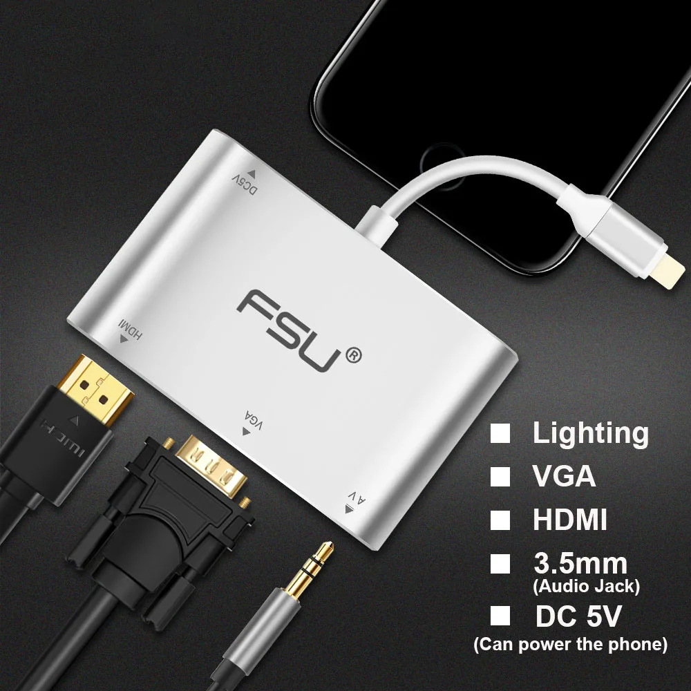 Адаптер с разъемом Lighting to HDMI VGA Аудио 3 5 мм из алюминиевого сплава для Iphone 6 7 8 X Ipad