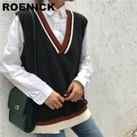 roenick sweaters vests women knitted patchwork v neck sweater vest womens harajuku preppy style casual sleeveless loose stylish