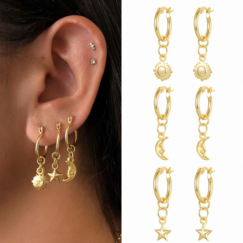 

KoreanGold Filled Classic Sun Moon Star Dangle Hoop Earrings for Women Fashion Jewelry Wholesale Indian Jewelry Fashion