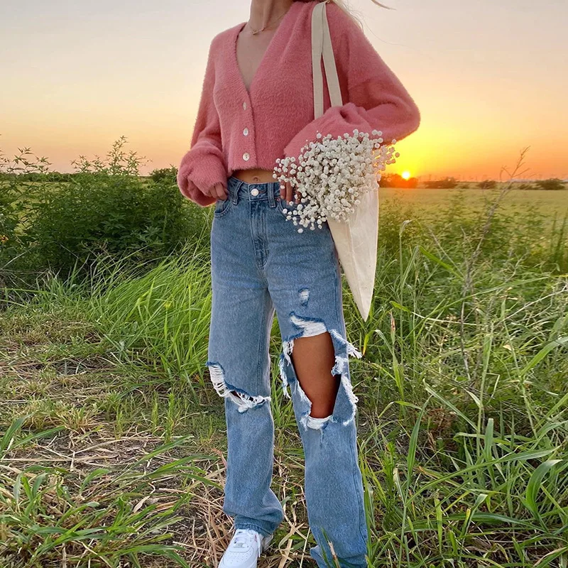 

2020 Ripped Straight Women's Jeans Baggy Vintage High Waist Boyfriends Mom Y2K Denim Distressed Trousers Streetwear Clothes