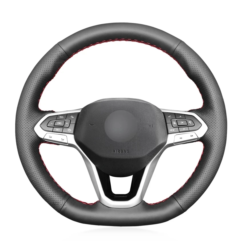 

Hand-stitched Black Genuine Leather Car Steering Wheel Cover for Volkswagen VW Golf 8 2020 Atlas 2020 2021