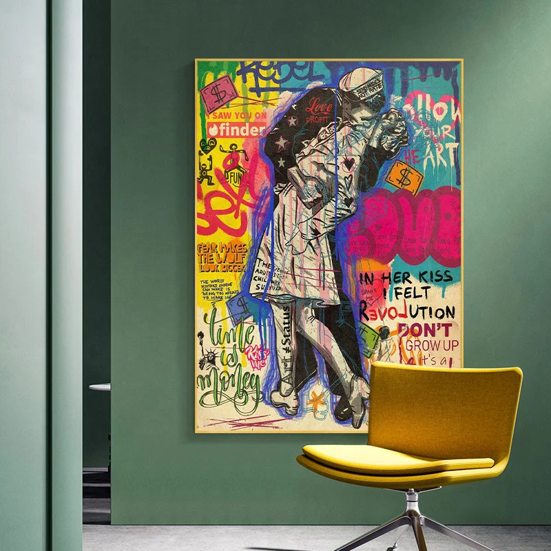 

New Pop Art Victory Kiss Graffiti Canvas Print Painting Posters Vintage Street Wall Art Picture for Room Home Decoration Cuadros