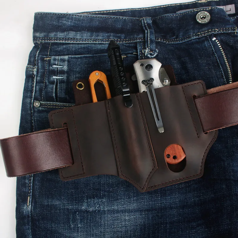 EDC Outdoor Leather Tool Knife Sheath Pockets Multitools Holder Essentials Organizer Belt Pouch Pocket Hunt Tactical Flashlight